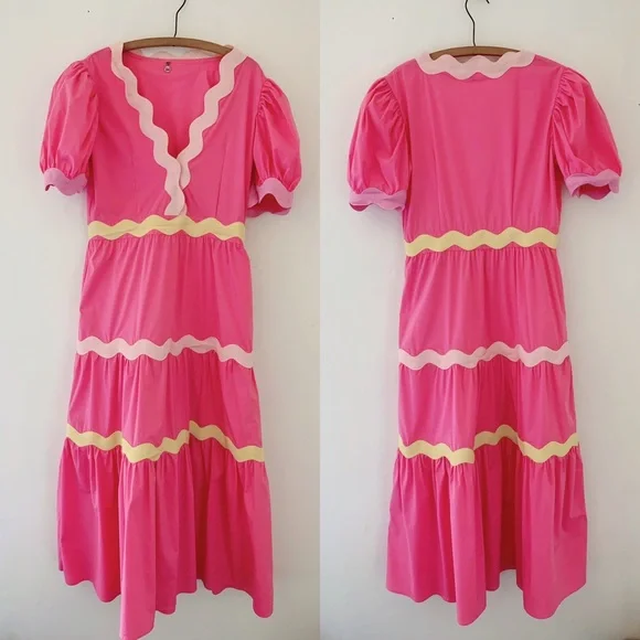 SOLD NWOT CeliaB Piscis Pink RicRac Tiered Dress Sz L - Picture 4 of 14